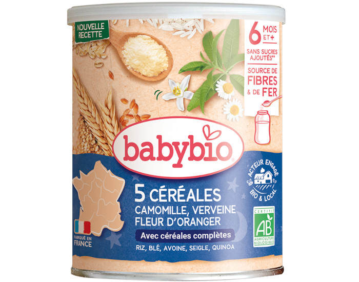 BABYBIO 5 Crales Camomille Verveine Fleur d'Oranger - 220 g - Ds 6 mois