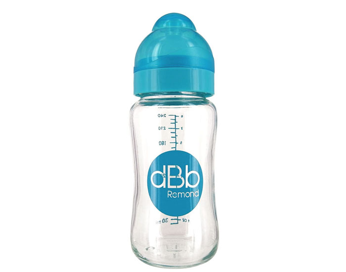 DBB REMOND Biberon Verre Col Large Ouverture - Ttine Silicone - 240 ml Turquoise