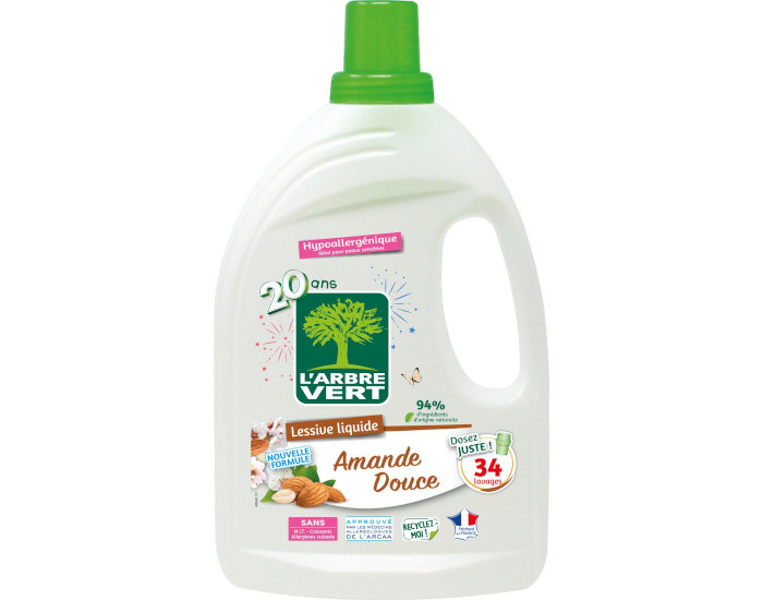L'ARBRE VERT Lessive Liquide Amande Douce - 34 lavages Bidon 1,53L