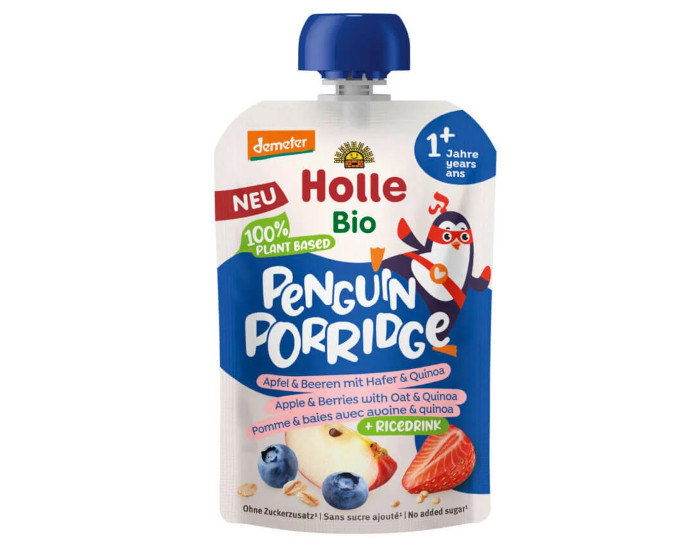 HOLLE Penguin Porridge - Gourde Pomme et Fruits Rouges - 110 g - Ds 12 mois