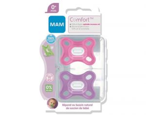 MAM Sucette Comfort en Silicone - 0+ m - Lot de 2 Violet-Rose