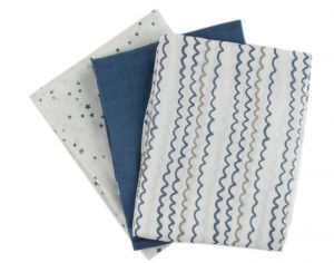 IOBIO Lot de 3 Langes Lgers en Coton Bio - Starry Sea - 70 x 70 cm