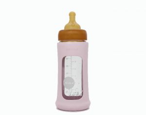 HEVEA Biberon en Verre Zro Plastique avec Housse de Protection - 250 ml Rose Poudr 