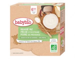 BABYBIO Gourde Brass Vgtal - 4x85 g - Ds 6 mois Riz Pche d'Occitanie Poire de Provence